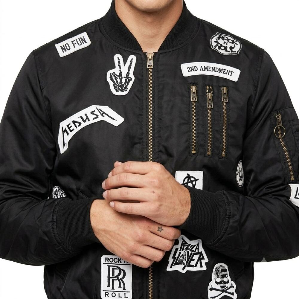 American Stitch Black Patchwork Bomber Jacket Punk Rock N Roll Patches Size M - Picture 2 of 12